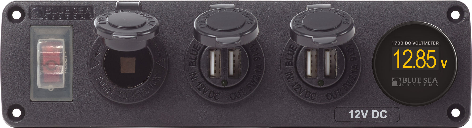 Blue Sea Water-Resistant 12V 15A Circuit Accessory Panel Socket, 2-Dual USB, Volt Meter